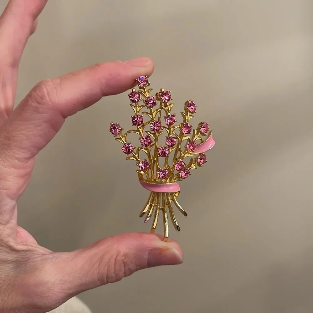 Vintage Pin Rhinestone Brooch Floral Bouquet with Pink Enamel Accents